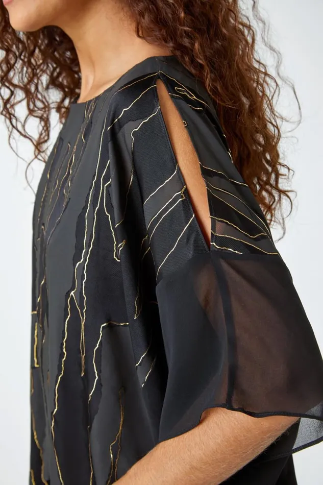 Black Metallic Foil Print Chiffon Overlay Top Women Roman Tops