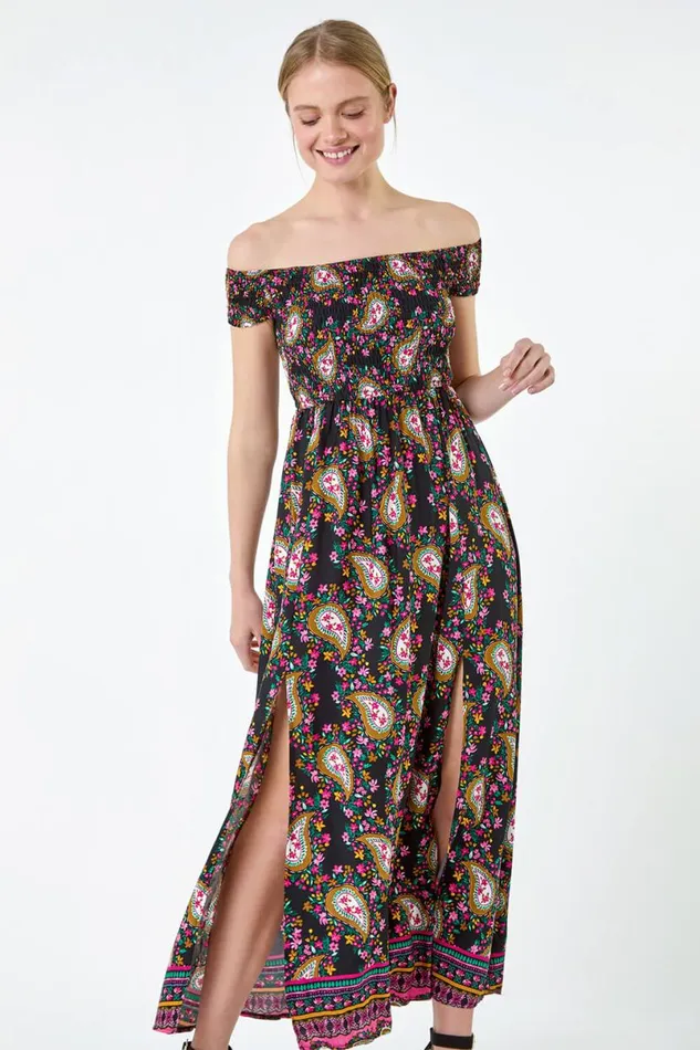Black Paisley Shirred Bardot Maxi Dress Women Roman Dresses