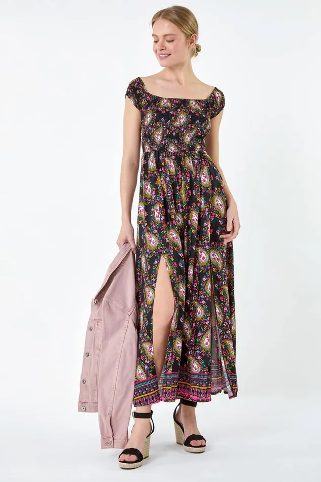 Black Paisley Shirred Bardot Maxi Dress Women Roman Dresses