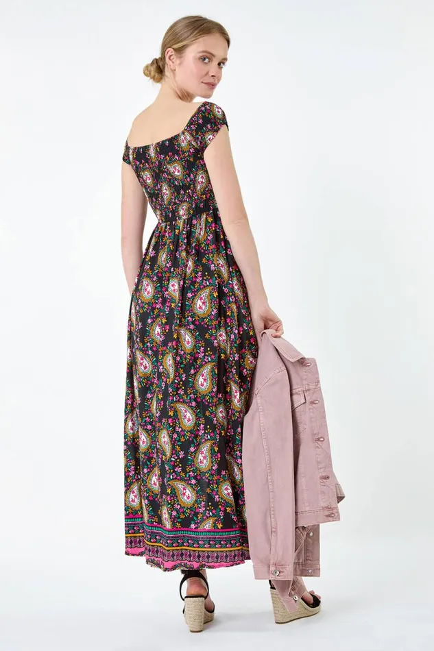 Black Paisley Shirred Bardot Maxi Dress Women Roman Dresses