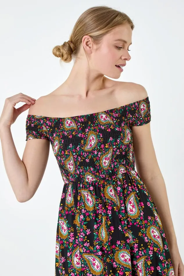 Black Paisley Shirred Bardot Maxi Dress Women Roman Dresses