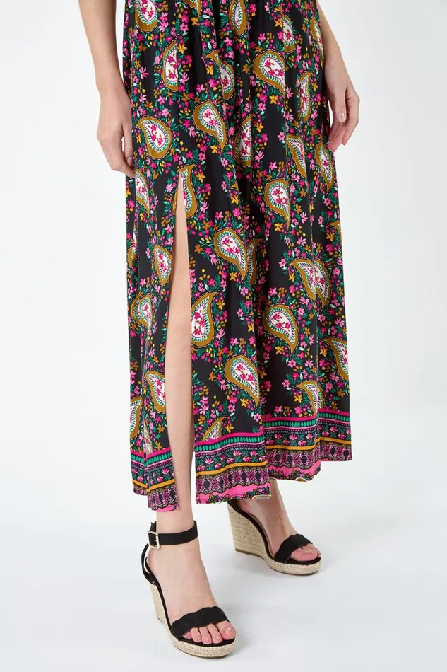 Black Paisley Shirred Bardot Maxi Dress Women Roman Dresses