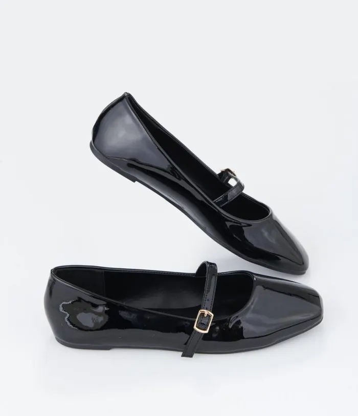 Black Patent Leatherette Mary Jane Flats Shoes Unique Vintage Flats