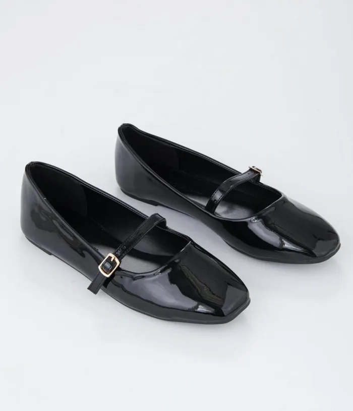 Black Patent Leatherette Mary Jane Flats Shoes Unique Vintage Flats