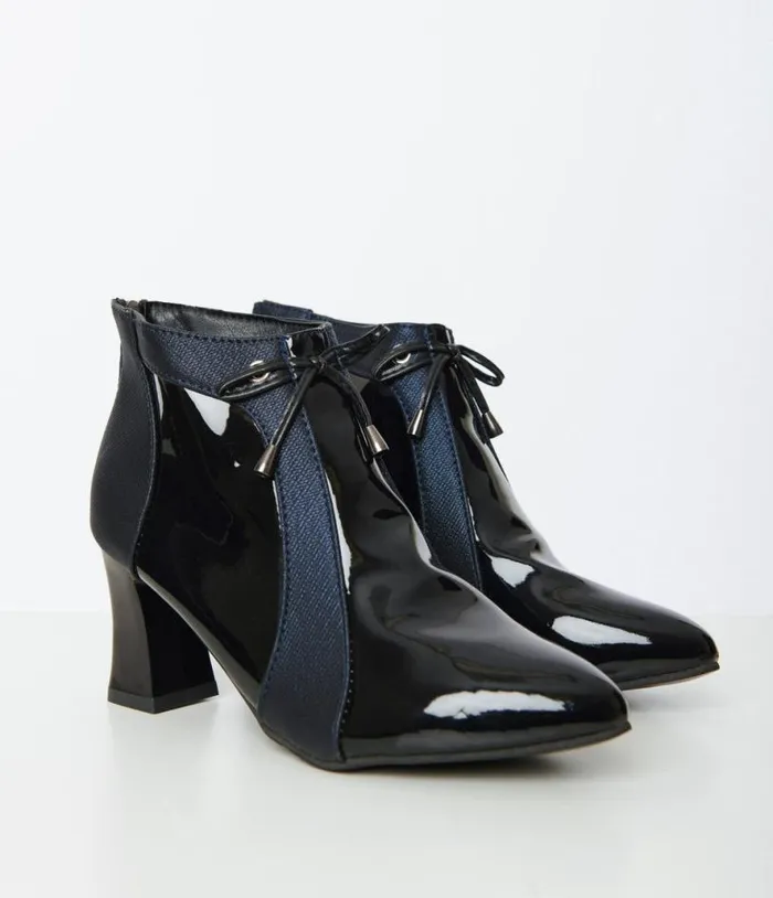 Black Patent Leatherette Pointed Toe Booties Shoes Unique Vintage Boots