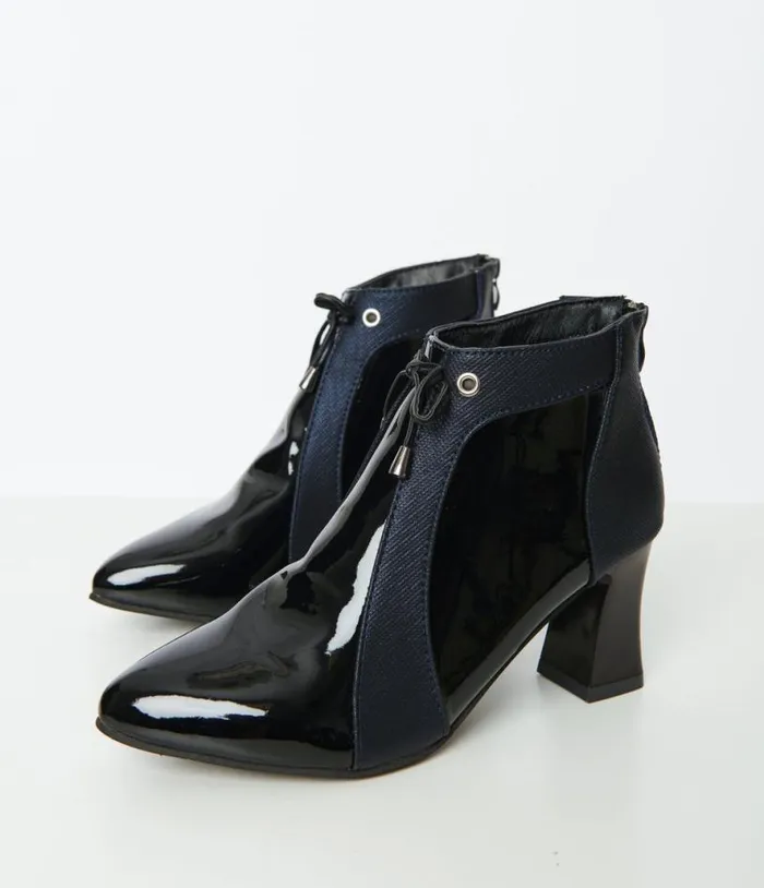 Black Patent Leatherette Pointed Toe Booties Shoes Unique Vintage Boots
