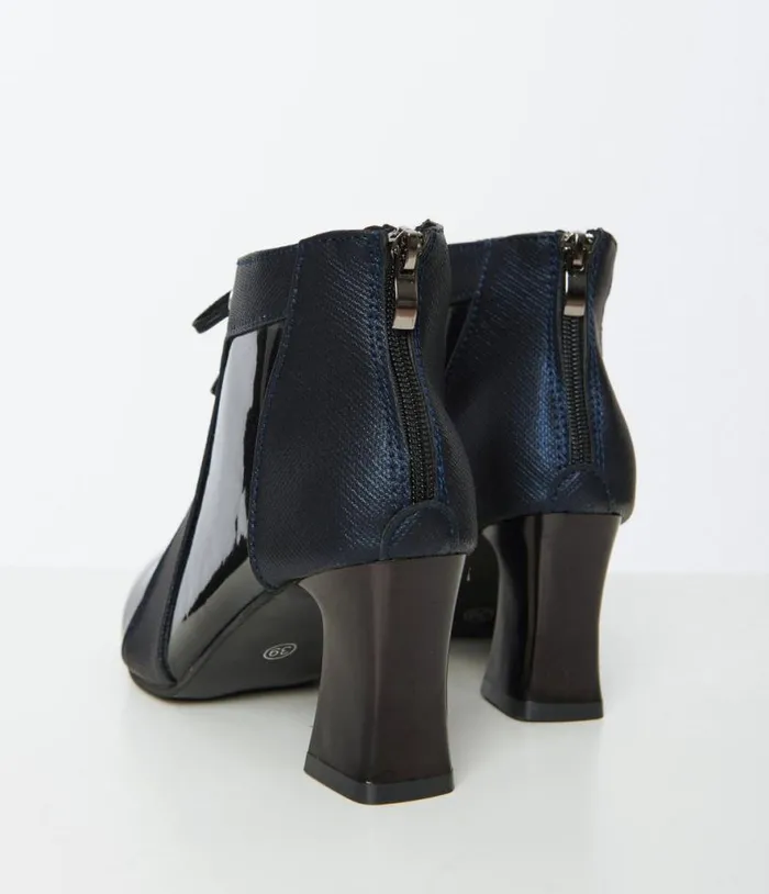 Black Patent Leatherette Pointed Toe Booties Shoes Unique Vintage Boots