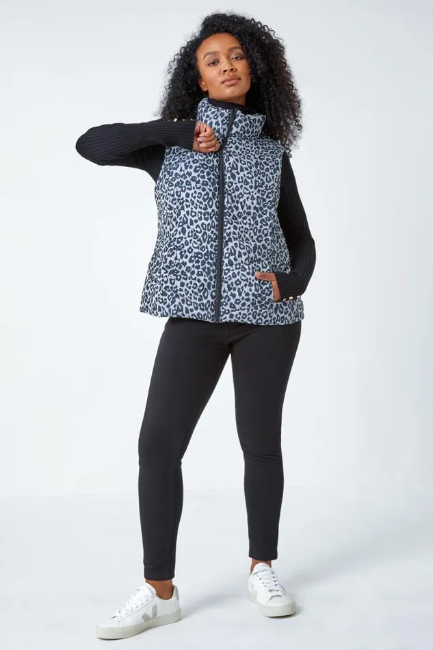 Black Petite Animal Print Quilted Gilet Women Roman Coats