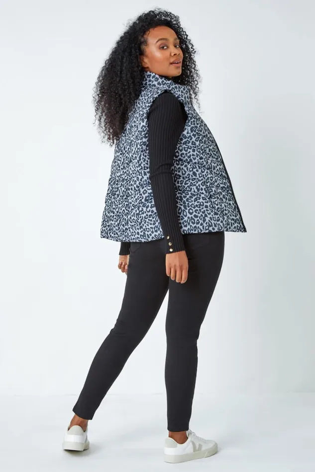 Black Petite Animal Print Quilted Gilet Women Roman Coats