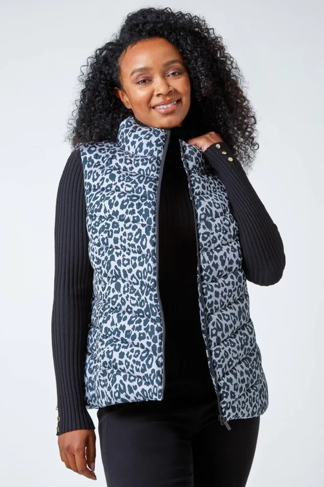 Black Petite Animal Print Quilted Gilet Women Roman Coats