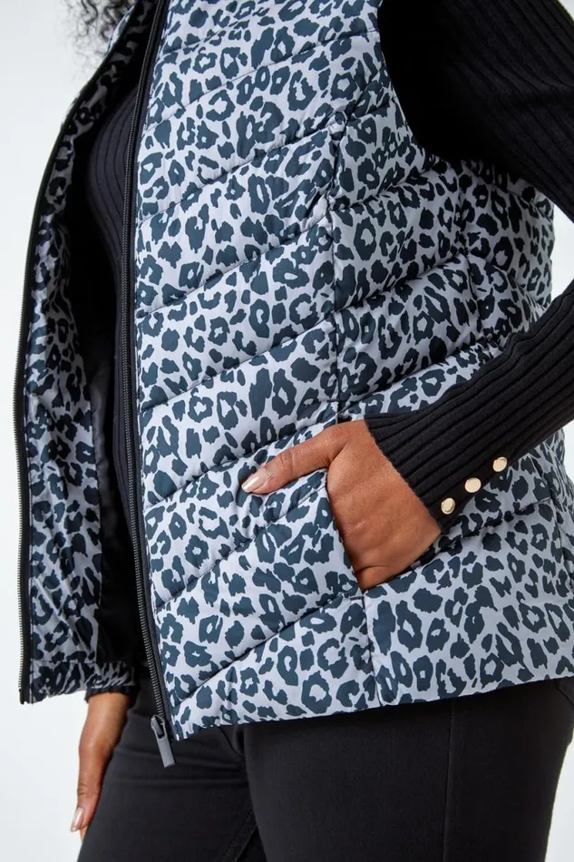 Black Petite Animal Print Quilted Gilet Women Roman Coats