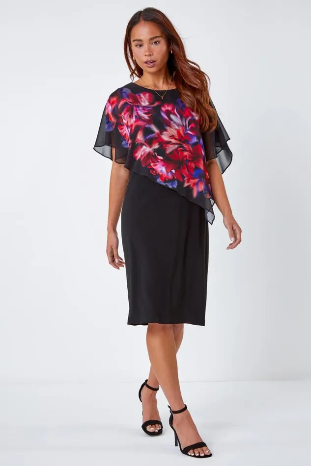 Black Petite Floral Chiffon Overlay Asymmetric Dress Women Roman Dresses