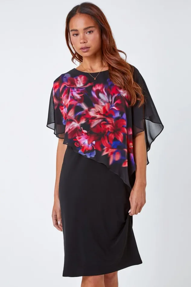 Black Petite Floral Chiffon Overlay Asymmetric Dress Women Roman Dresses