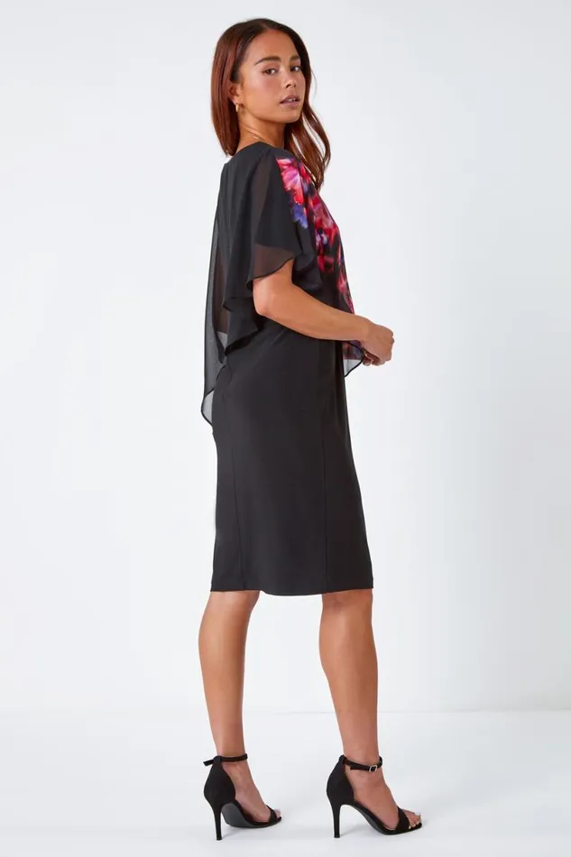Black Petite Floral Chiffon Overlay Asymmetric Dress Women Roman Dresses