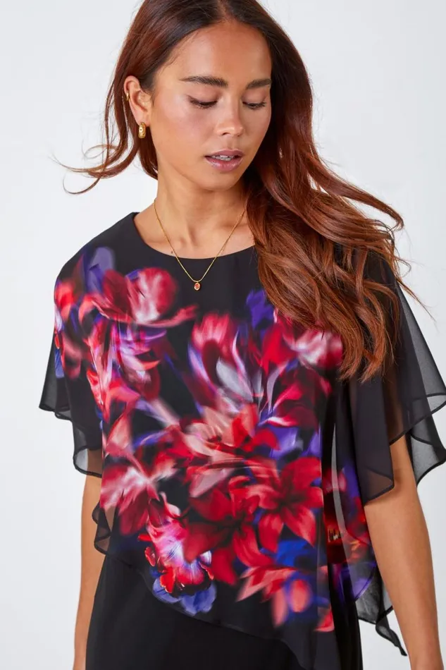 Black Petite Floral Chiffon Overlay Asymmetric Dress Women Roman Dresses