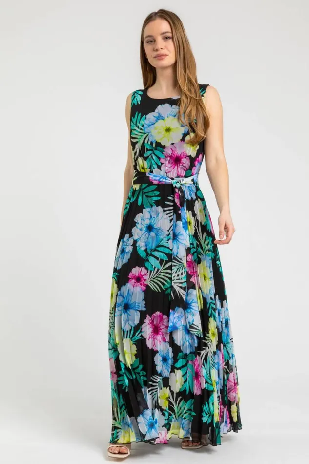 Black Petite Floral Pleated Maxi Dress Women Roman Dresses