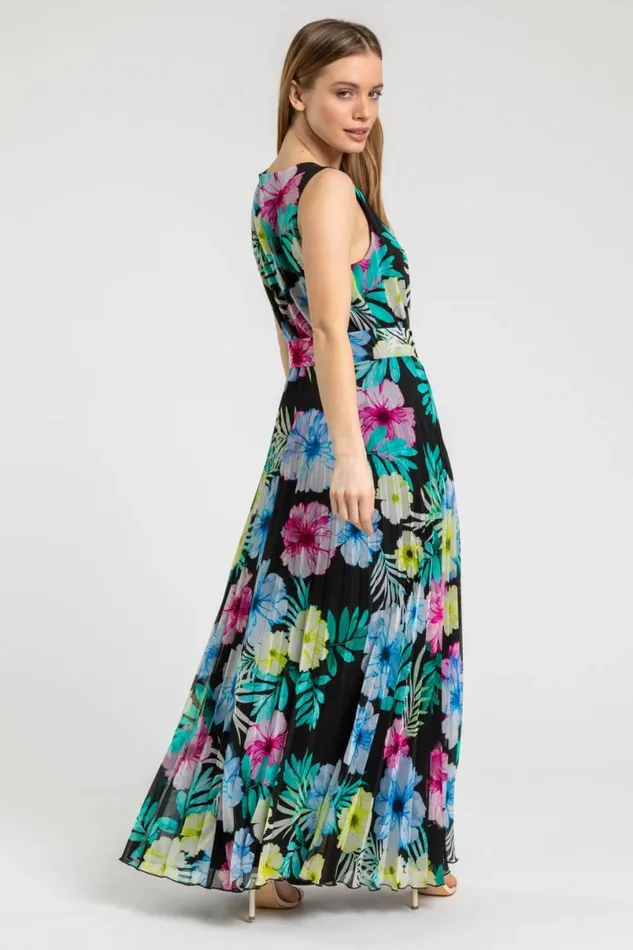 Black Petite Floral Pleated Maxi Dress Women Roman Dresses