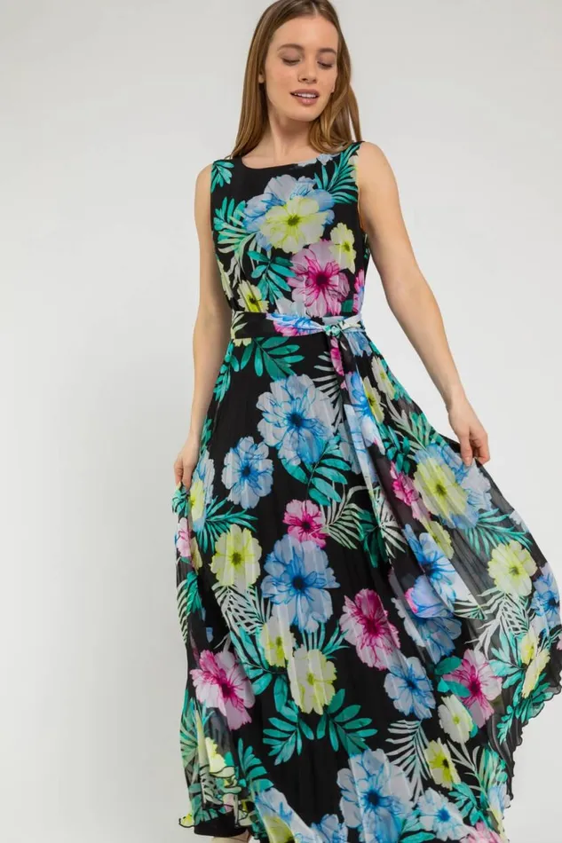 Black Petite Floral Pleated Maxi Dress Women Roman Dresses