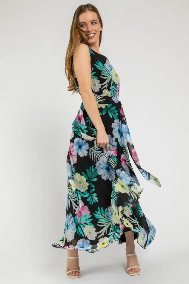 Black Petite Floral Pleated Maxi Dress Women Roman Dresses