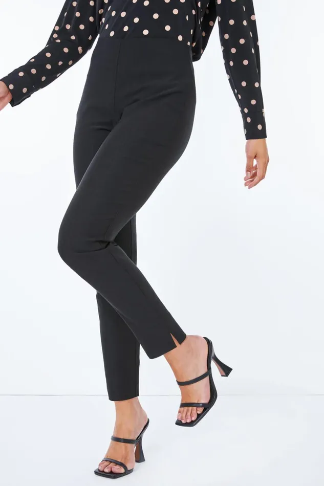 Black Petite Full Length Elastic Waist Trousers Women Roman Trousers