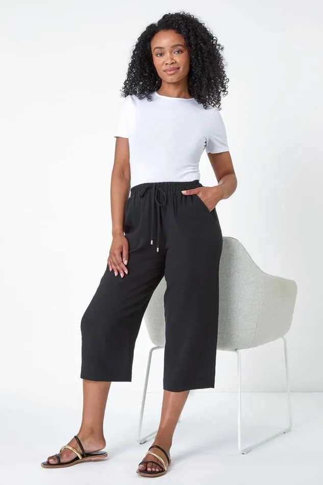 Black Petite Linen Mix Wide Cropped Trousers Women Roman Trousers