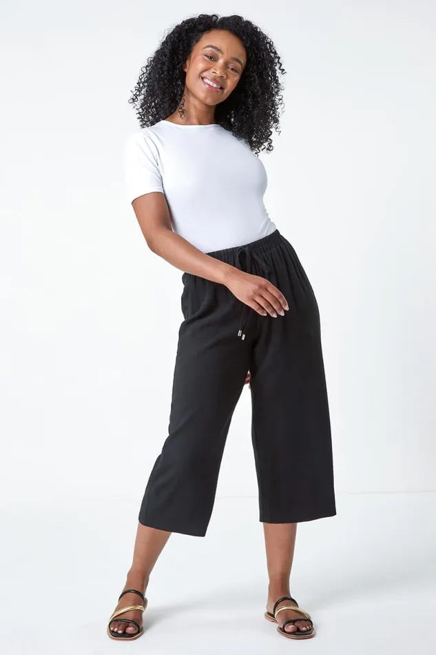 Black Petite Linen Mix Wide Cropped Trousers Women Roman Trousers