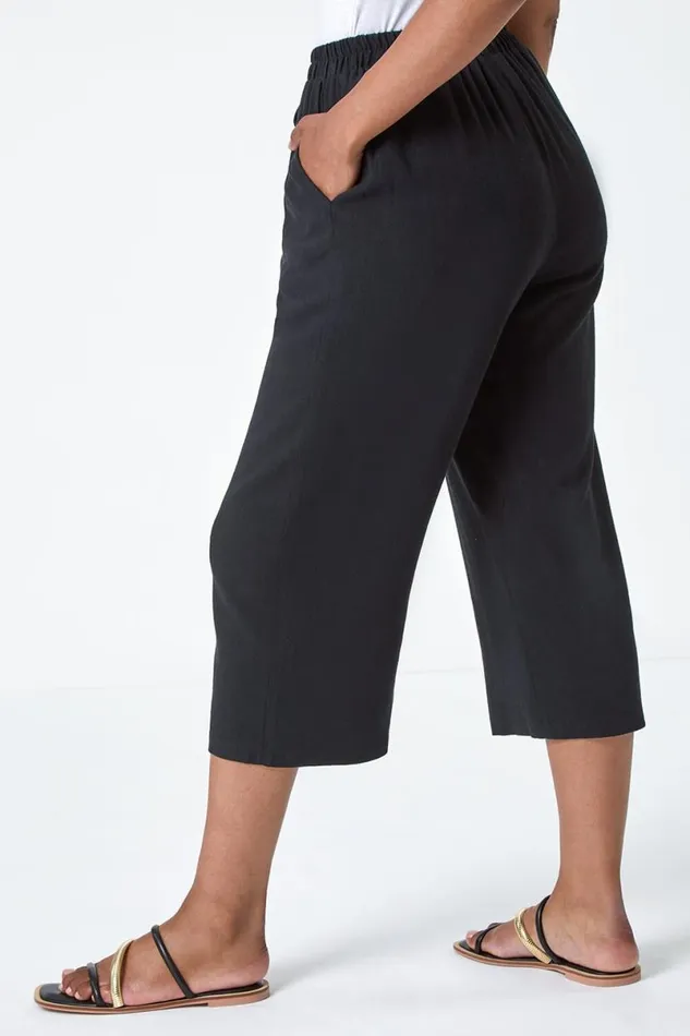 Black Petite Linen Mix Wide Cropped Trousers Women Roman Trousers