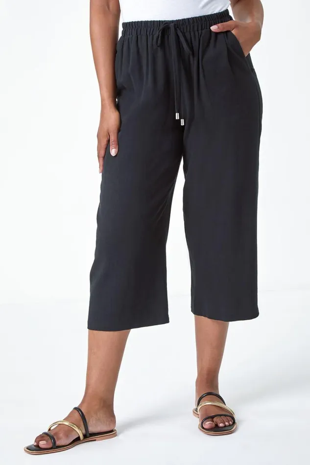 Black Petite Linen Mix Wide Cropped Trousers Women Roman Trousers