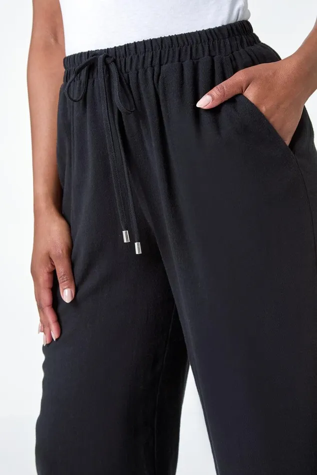 Black Petite Linen Mix Wide Cropped Trousers Women Roman Trousers