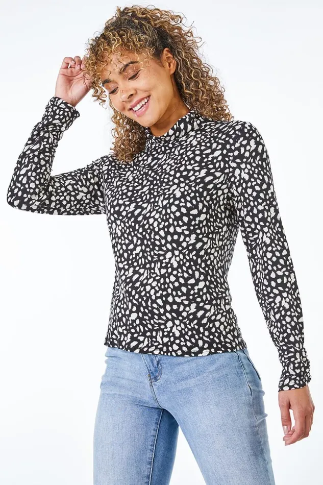 Black Petite Roll Neck Spot Top Women Roman Tops