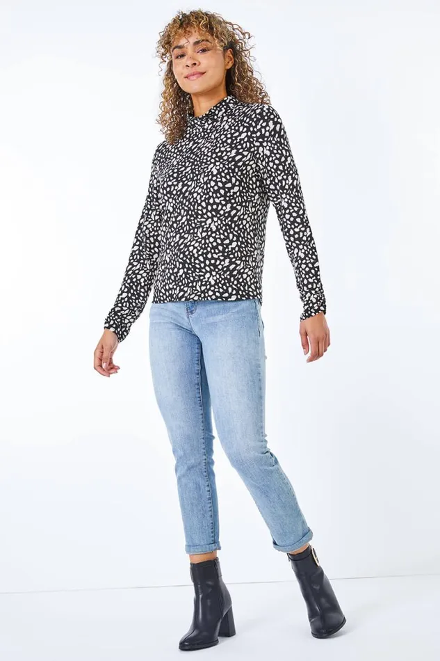 Black Petite Roll Neck Spot Top Women Roman Tops