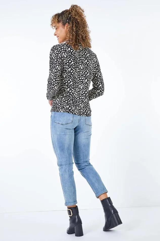 Black Petite Roll Neck Spot Top Women Roman Tops