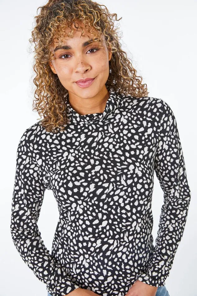 Black Petite Roll Neck Spot Top Women Roman Tops