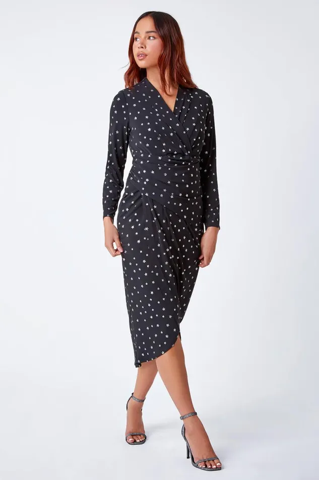 Black Petite Shimmer Star Bodycon Midi Dress Women Roman Dresses