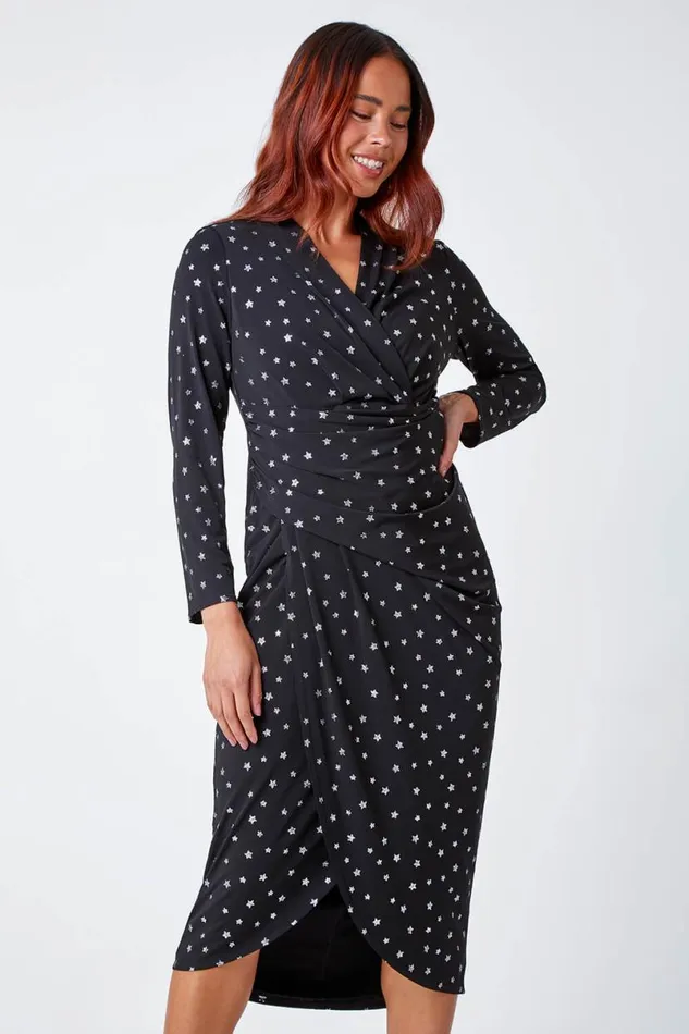 Black Petite Shimmer Star Bodycon Midi Dress Women Roman Dresses