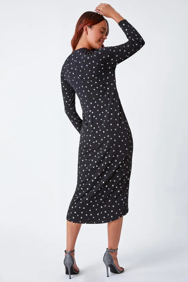 Black Petite Shimmer Star Bodycon Midi Dress Women Roman Dresses
