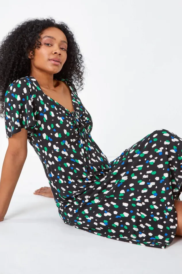 Black Petite Spot Ruched Stretch Midi Dress Women Roman Dresses
