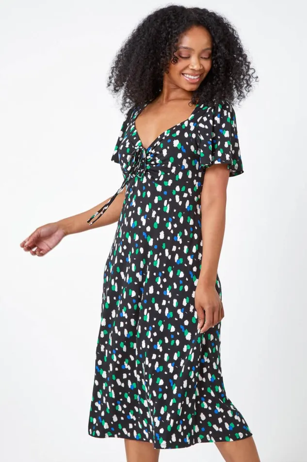 Black Petite Spot Ruched Stretch Midi Dress Women Roman Dresses
