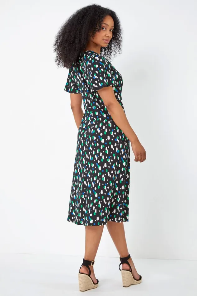 Black Petite Spot Ruched Stretch Midi Dress Women Roman Dresses