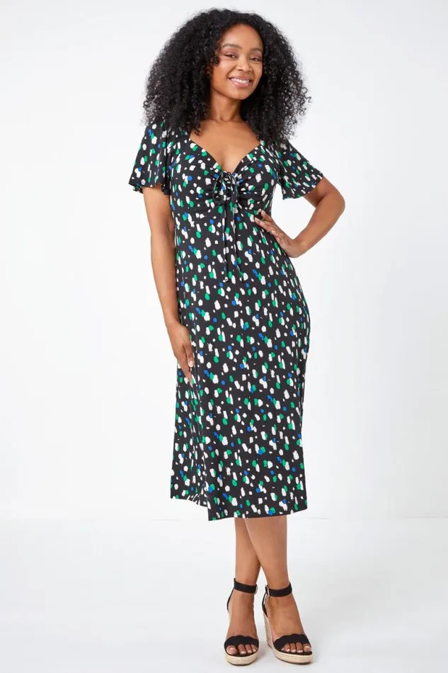 Black Petite Spot Ruched Stretch Midi Dress Women Roman Dresses