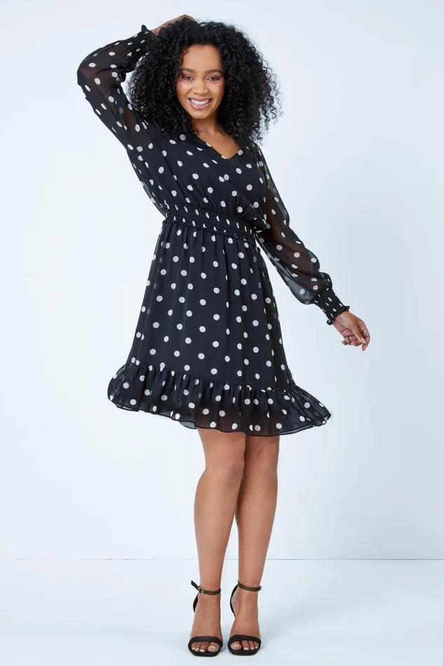Black Petite Spot Tiered Chiffon Frill Dress Women Roman Dresses