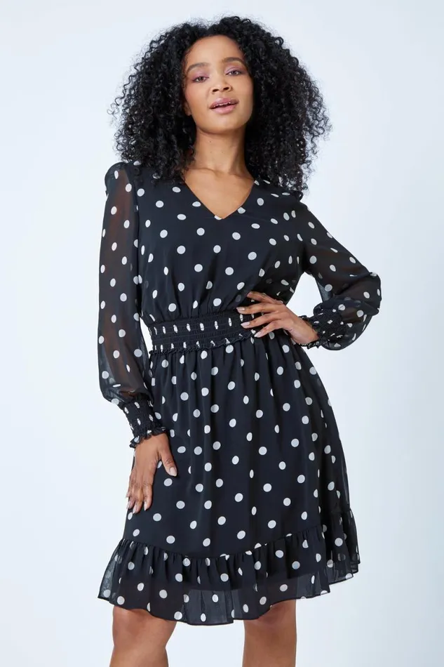 Black Petite Spot Tiered Chiffon Frill Dress Women Roman Dresses