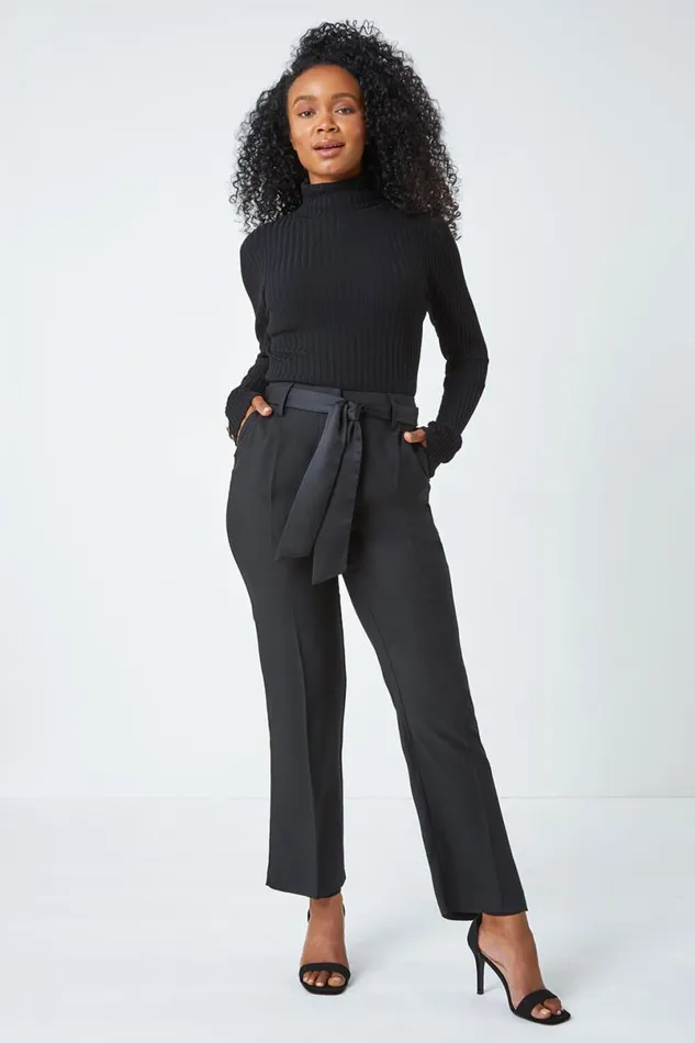 Black Petite Tapered Belted Trousers Women Roman Trousers