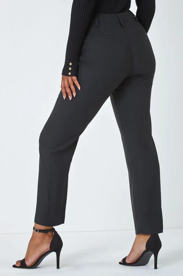 Black Petite Tapered Belted Trousers Women Roman Trousers