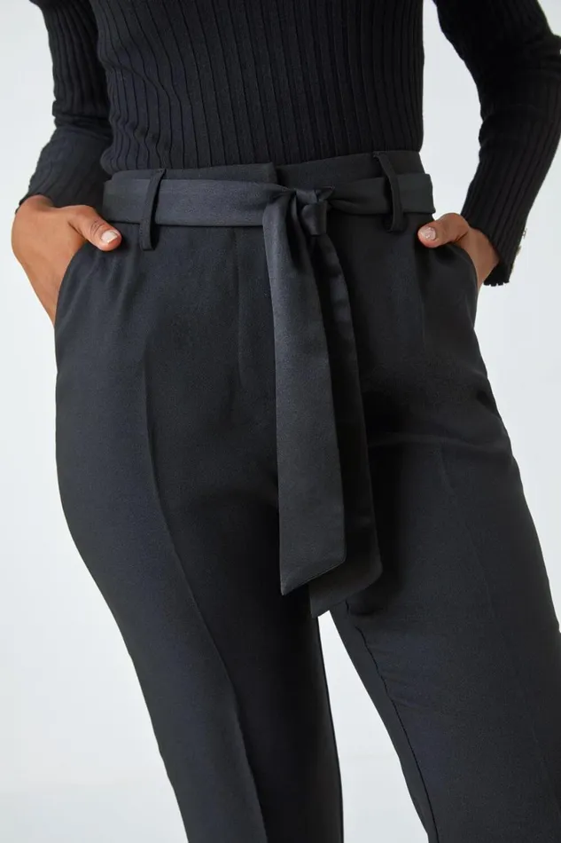 Black Petite Tapered Belted Trousers Women Roman Trousers