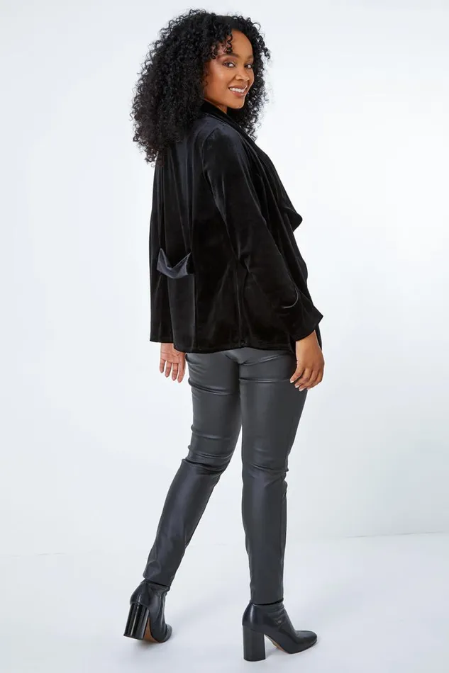 Black Petite Velvet Waterfall Jacket Women Roman Jackets