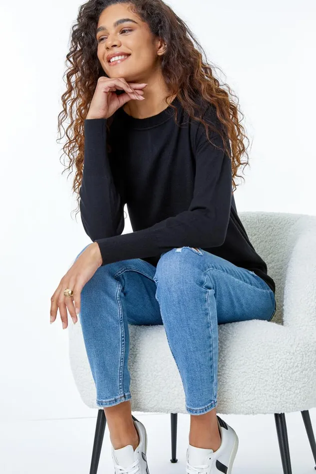 Black Plain Crew Neck Jumper Women Roman Knitwear