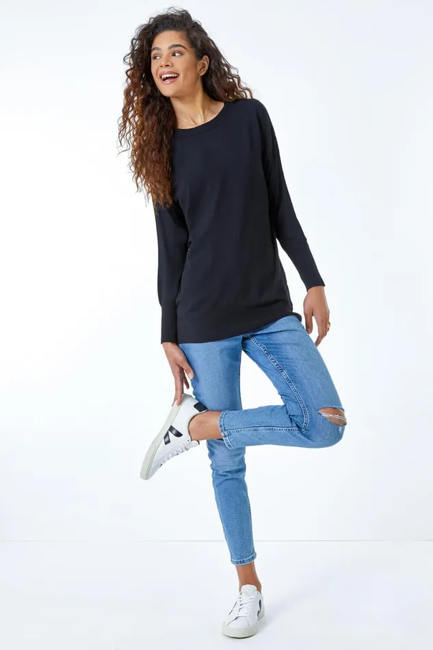 Black Plain Crew Neck Jumper Women Roman Knitwear