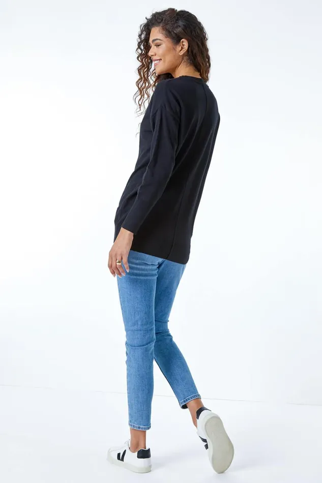 Black Plain Crew Neck Jumper Women Roman Knitwear