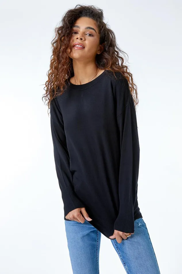 Black Plain Crew Neck Jumper Women Roman Knitwear